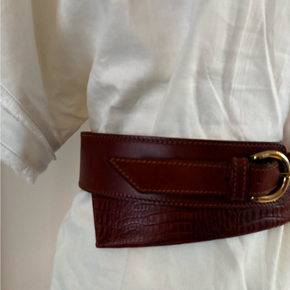 Vintage Leather Saks corset Waist Belt with brass Buckle, medium, made in Italy! - Picture 3 of 11